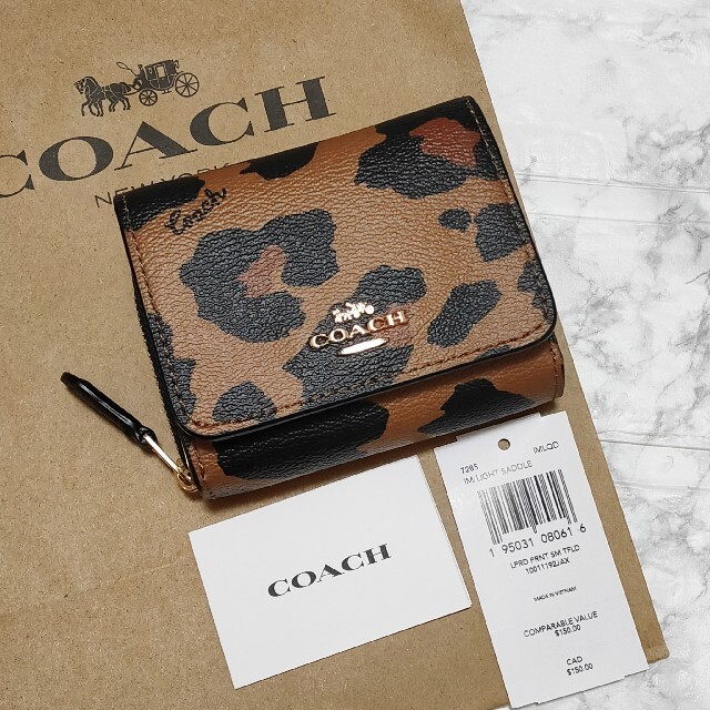 大人気★COACH コーチ 三つ折り レザーウォレット レオパード柄 ミニ財布