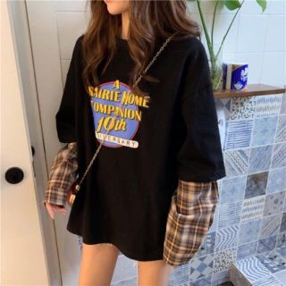 韓国　秋 冬　重ね着　チェック柄　トレーナー　ロンT シャツ　長袖　レディース(Tシャツ(長袖/七分))