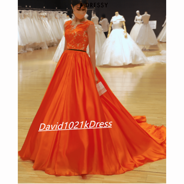 カラードレス オレンジ 光沢サテン 結婚式 前撮りドレス 2次会のサムネイル