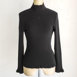 クレージュ(Courreges)のクレージュ ☆ リブ ニット ブラック 日本製 40 ロゴ ハイネック 長袖(ニット/セーター)