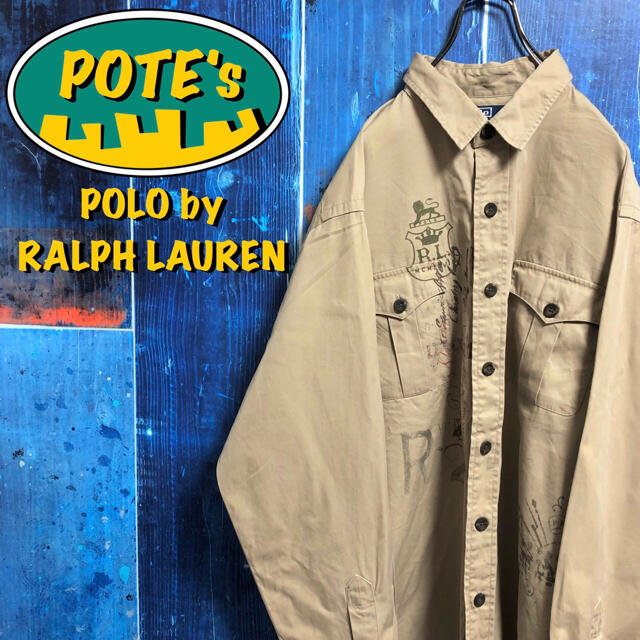 POLO RALPH LAUREN(ポロラルフローレン)の【ポロバイラルフローレン】ロゴプリントウッドボタンチノワークシャツ 90s メンズのトップス(シャツ)の商品写真