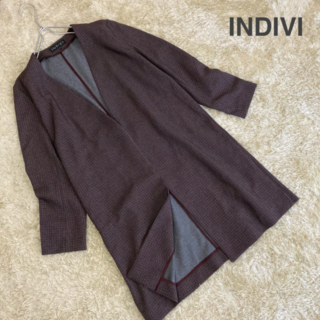 【美品】INDIVI インディヴィ 千鳥格子柄 ノーカラーロングジャケット