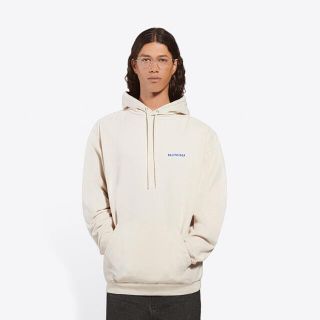 バレンシアガ(Balenciaga)の正規　美品　バレンシアガ　ロゴパーカー　フーディ　ベージュ×ブルー　XL(パーカー)