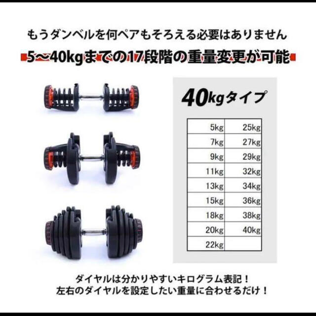 540kg17段階調節可変式ダンベル 40kg 1個単品 鉄アレイ アジャスタブルダンベル 筋トレ