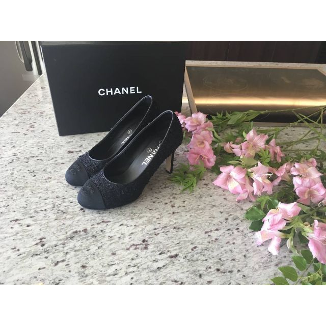 ツイードカラー★正規品★CHANEL★ツイードパンプス★グログランココマーク★＃３５C★黒紺