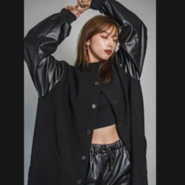 LEANN MOMENT】Faux leather sleeve coat ジャケット/アウター LEANN MOMENT】Faux leather sleeve coat ジャケット/アウター