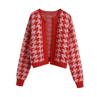 ザラ(ZARA)の✨特別価格✨red レッド 千鳥柄 ニット カーディガン(カーディガン)