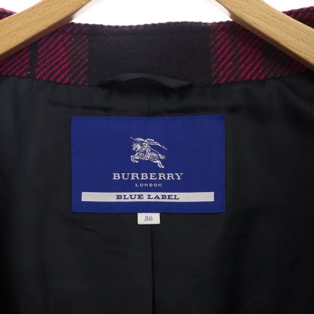 BURBERRY BLUE LABEL(バーバリーブルーレーベル)のバーバリーブルーレーベル ノーカラーコート ダブル チェック ウール M ピンク レディースのジャケット/アウター(その他)の商品写真