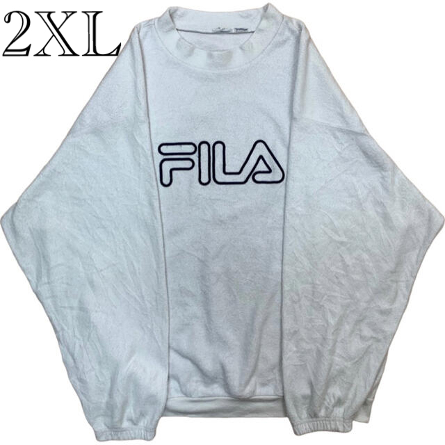 FILA(フィラ)の古着 FIRA スウェット ホワイト ビッグシルエット デカロゴ ボア パイル メンズのトップス(スウェット)の商品写真