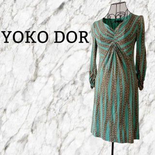 ヨーコドール(YOKO D'OR)の【美品】ヨーコドール ワンピース 長袖 総柄 鎖柄 ライトブルー 36(ひざ丈ワンピース)