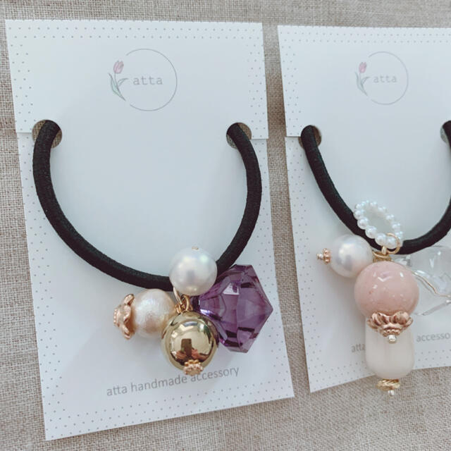 ハンドメイド♡手染めビーズのヘアゴム2点セット ハンドメイドのアクセサリー(ヘアアクセサリー)の商品写真