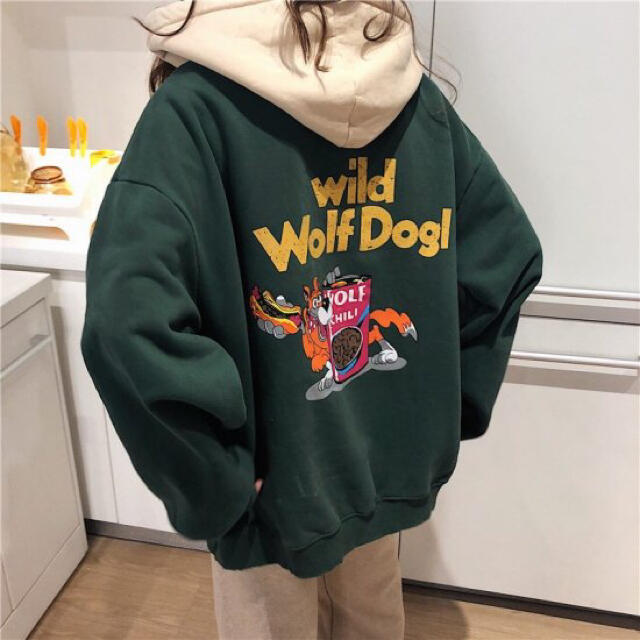 Wolf Dogl フード パーカー　韓国　オーバーサイズ　スウェット　グリーン レディースのトップス(パーカー)の商品写真