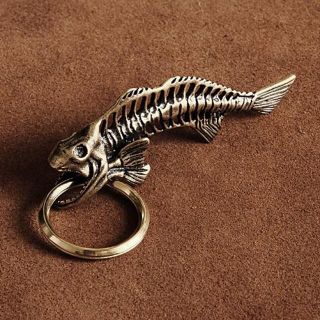 真鍮 キーホルダー （魚 骨）フィッシュ 化石 ボーン 古代魚 さかな ゴールド(キーホルダー)