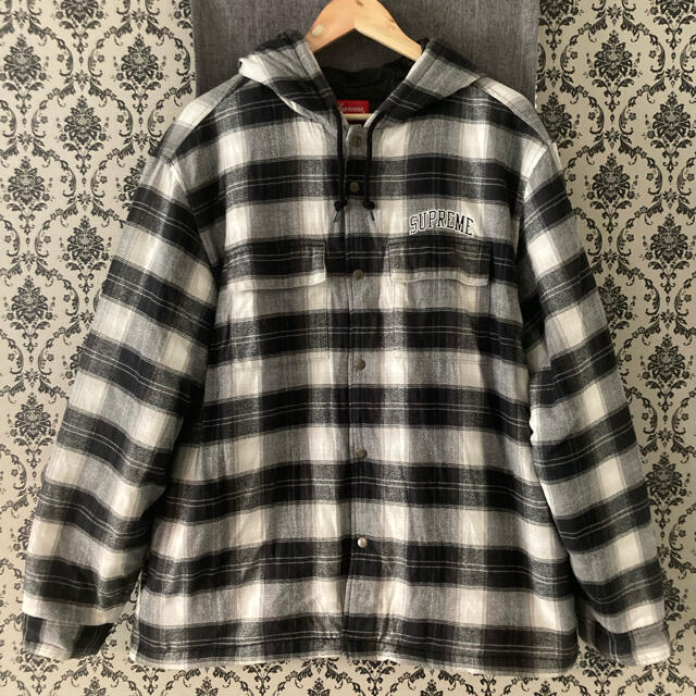 Quilted Hooded Plaid Shirt Black L