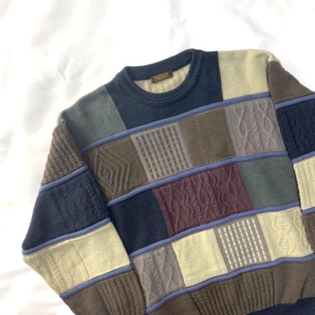 日本製　パッチワーク風3Dニット　長袖セーター　くすみ系アースカラー　立体編み