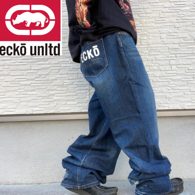 ECKO UNLTD - エコーアンリミテッド ワイド デニム バギーパンツ プリント hip hopの通販 by judyの古着屋｜エコー
