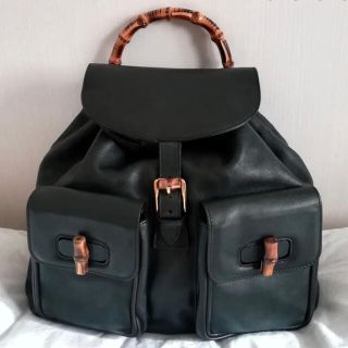 グッチ(Gucci)の【美品】OLD GUCCI　リュック　オールレザー　バンブー　巾着　イタリア製(ショルダーバッグ)