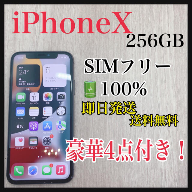 iPhone X 本体　256 GB SIMフリー　バッテリー　100% 【C】充電器