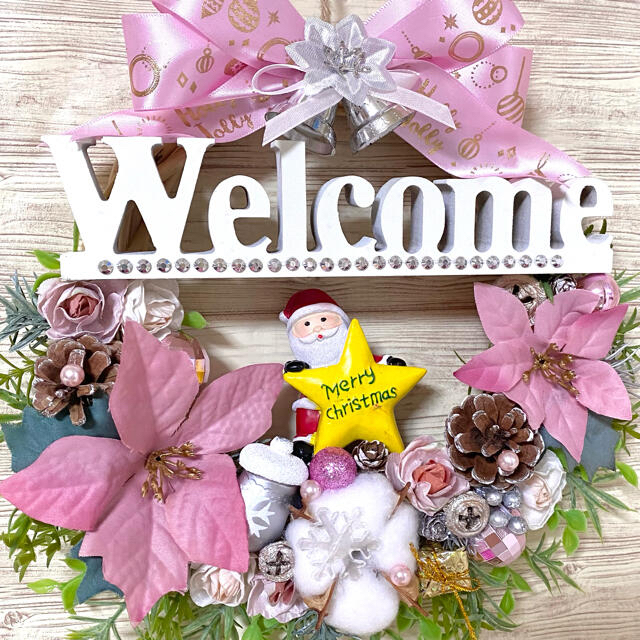 専用】ピンクホワイトクリスマス Xmasウェルカム Welcome リース ★ ハンドメイドのフラワー/ガーデン(リース)の商品写真