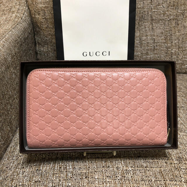 GUCCI 長財布 マイクロシマ gg ラウンドファスナー ピンク レザー 品質