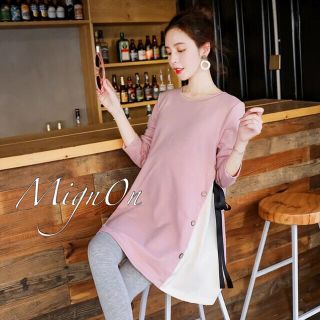 XL【ピンク】マタニティ ウエア ワンピース ひざ丈 シフォン リボン 可愛い(マタニティワンピース)