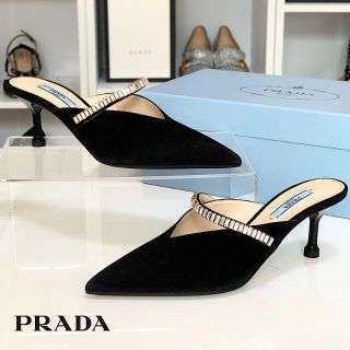 プラダ(PRADA)の3298 プラダ スエード ビジュー ミュール ブラック(サンダル)