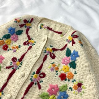 一点モノ 花柄刺繍ニットカーディガン 手編みセーター ビーズ ...