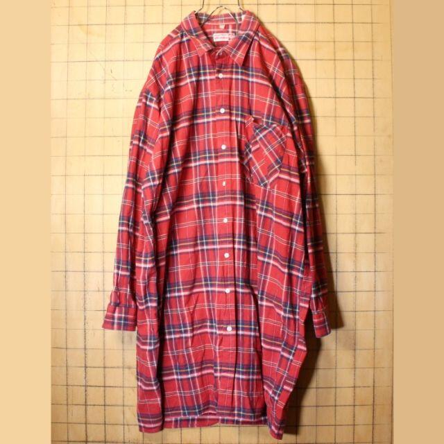 70s80s EURO チェック ロング シャツ コート レッドXL aw50