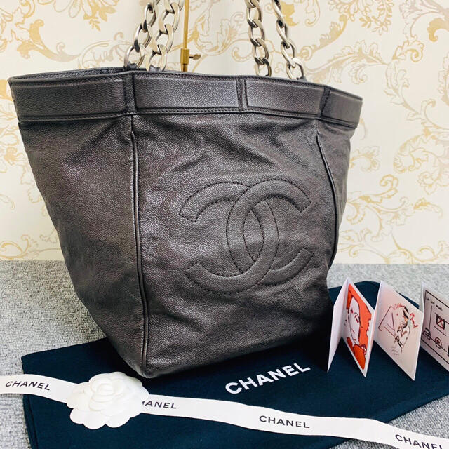 美品　CHANEL シャネル デカココ キャビアスキン チェーン トートバッグ