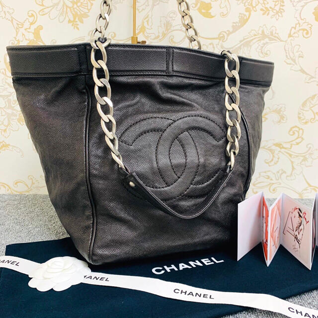 美品　CHANEL シャネル デカココ キャビアスキン チェーン トートバッグ