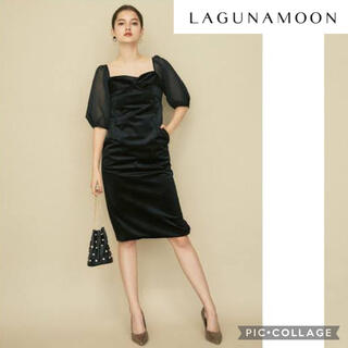 ラグナムーン(LagunaMoon)の美品 ラグナムーン タイトドレスワンピース S ブラック 黒 袖あり 5分袖(ひざ丈ワンピース)