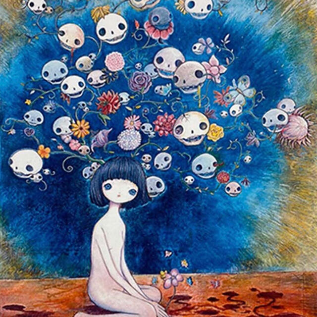青島千穂エディションサイン入り版画「私の周りの魂と花」