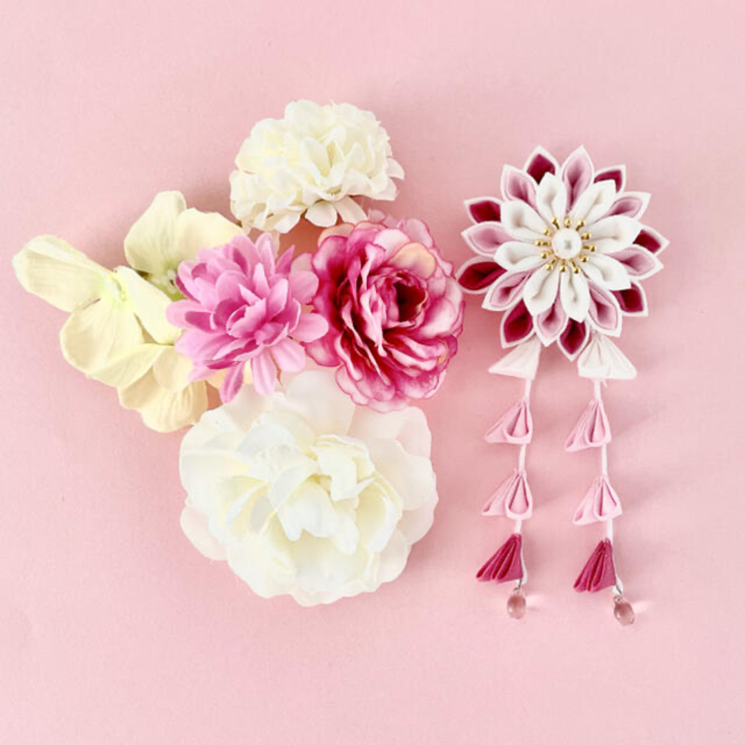 つまみ細工とお花の髪飾りピンク系セット