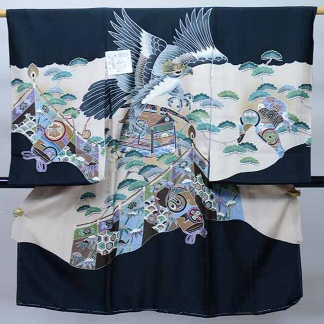 お宮参り 産着 のしめ 男児 正絹 着物 羽二重 金刺繍 黒地 NO35720