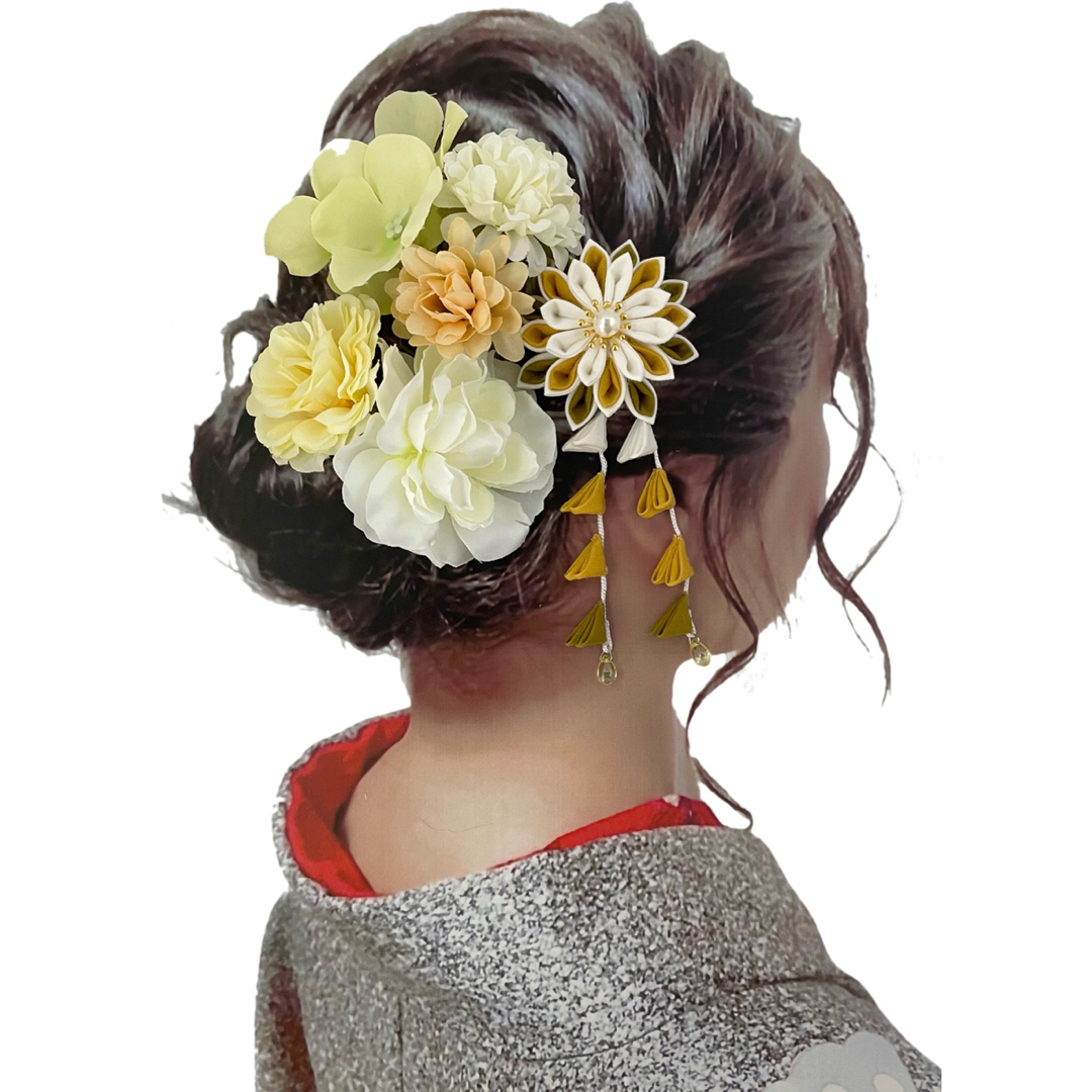 つまみ細工とお花の髪飾りイエロー系セット