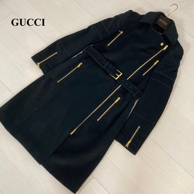 GUCCI グッチ ウールカシミヤ ロングコート 36 黒 ジップアップ elkisi.com