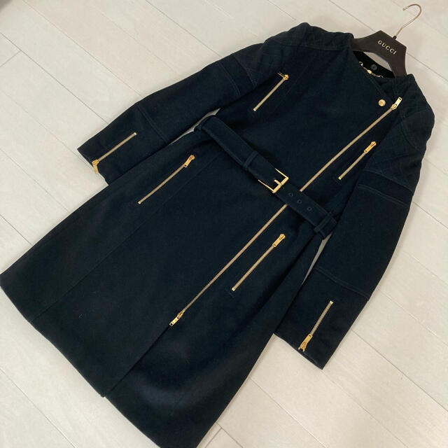 GUCCI グッチ ウールカシミヤ ロングコート 36 黒 ジップアップ 上品