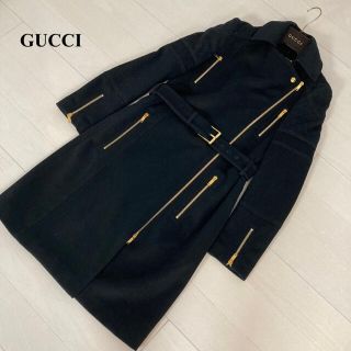 グッチ(Gucci)のGUCCI グッチ　ウールカシミヤ　ロングコート　36 黒　ジップアップ(ロングコート)