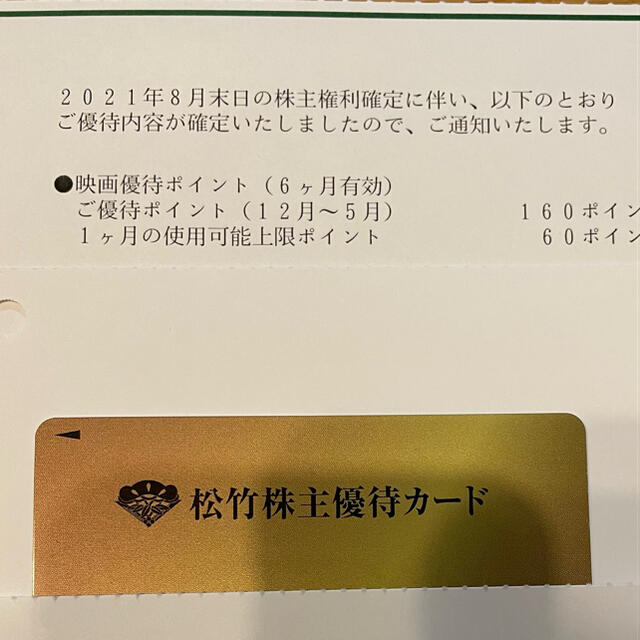 松竹 株主優待カード 160ポイント 男性名義2024年5月末日