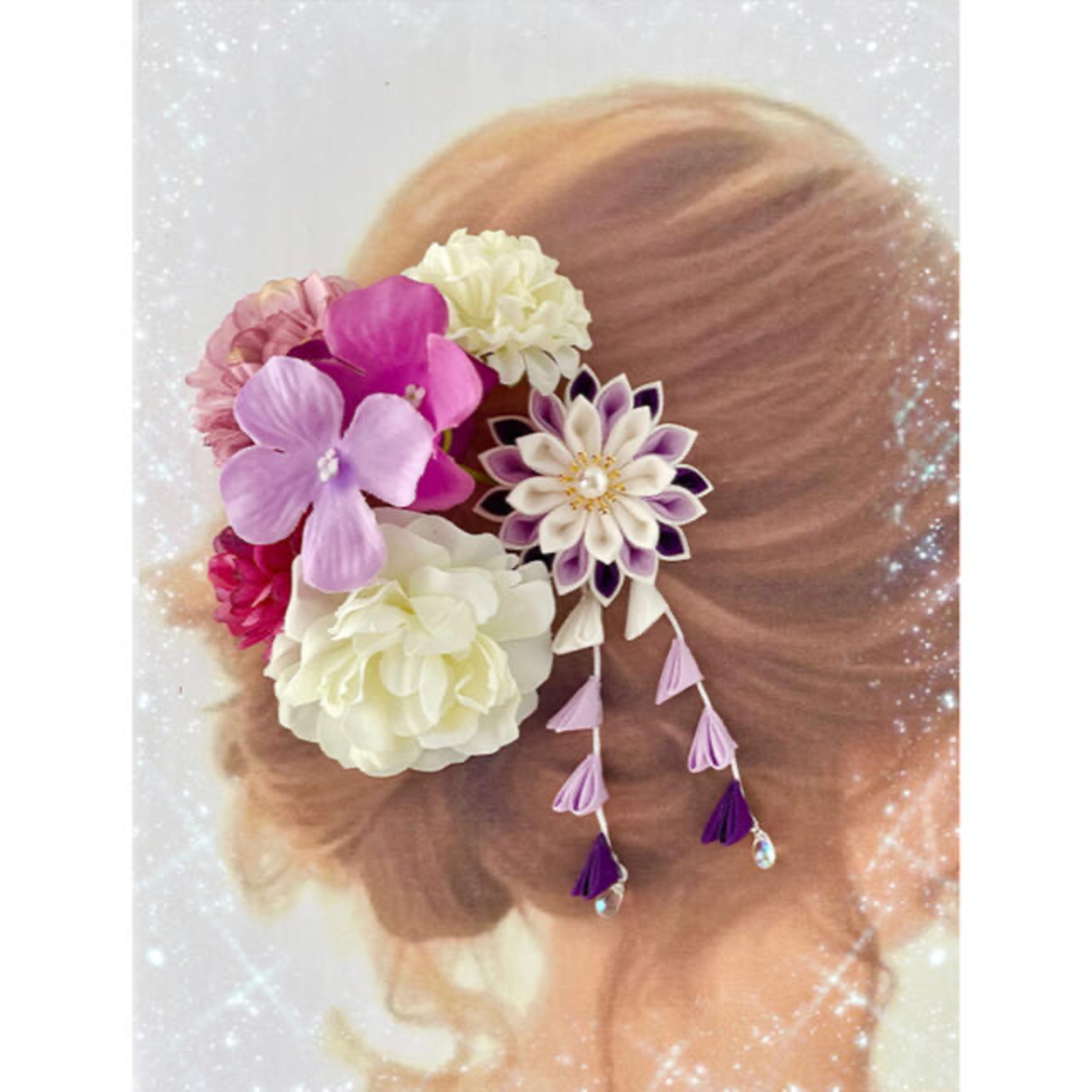 つまみ細工とお花の髪飾りパープル系セット 2