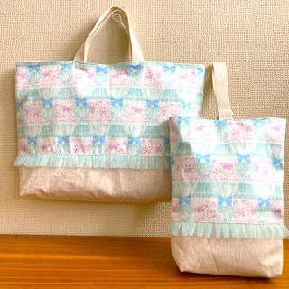 ねこ柄　ハンドメイド　レッスンバッグ　上履き入れ　2点セット　入園入学(バッグ/レッスンバッグ)