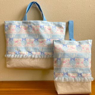 猫柄　ハンドメイド　レッスンバッグ　上履き入れ　2点セット　入園入学(バッグ/レッスンバッグ)