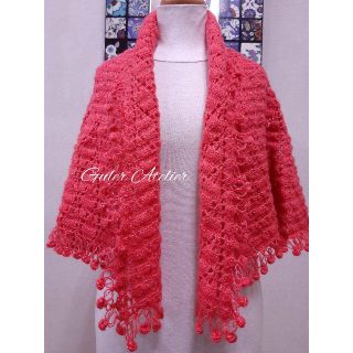1000円オフ『カーネーションピンクラメ』世界でひとつの肩掛手編みストールマフラ(マフラー/ショール)