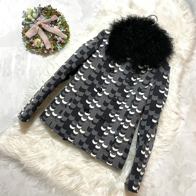 本物 極美品 名作 プラダ 中綿入り うるし柄 ZIP UP ダブル ジャケット-
