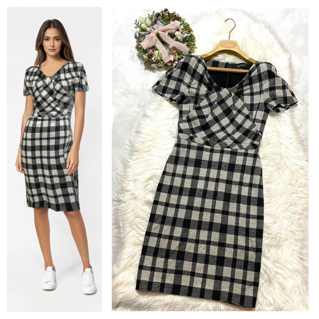 GUCCI - 本物 グッチ チェック柄 ギャザー ワンピース ドレス XS GUCCI - 本物 グッチ チェック柄 ギャザー ワンピース ドレス XS
