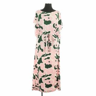 マリメッコ(marimekko)のマリメッコ 花柄 フレンチスリーブ ワンピース ロング リボン ピンク 緑 白(ロングワンピース/マキシワンピース)