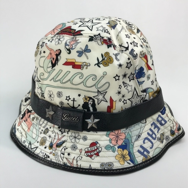 グッチ 総柄 ロゴ スター スタッズ 帽子 バケットハット クリーム系