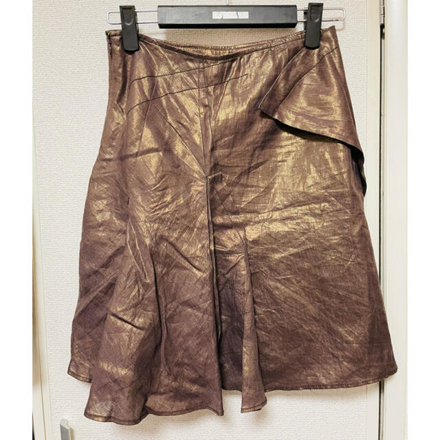 クリスチャンディオール　ヴィンテージスカート　ゴールドブラウン　シルク麻100% レディースのスカート(ひざ丈スカート)の商品写真