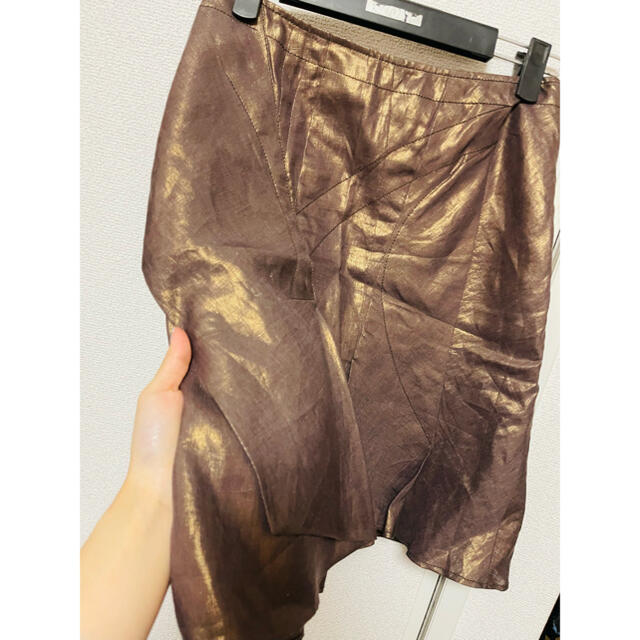 クリスチャンディオール　ヴィンテージスカート　ゴールドブラウン　シルク麻100% レディースのスカート(ひざ丈スカート)の商品写真