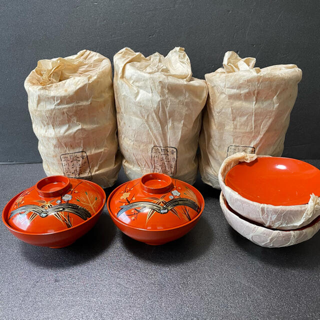 会津若松 朱塗り 蓋付き 漆器 吸い物椀 雑煮椀 お椀 レトロ 19個セット